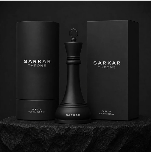 SARKAR Throne parfum bottle with its cylinder tube and box packaging